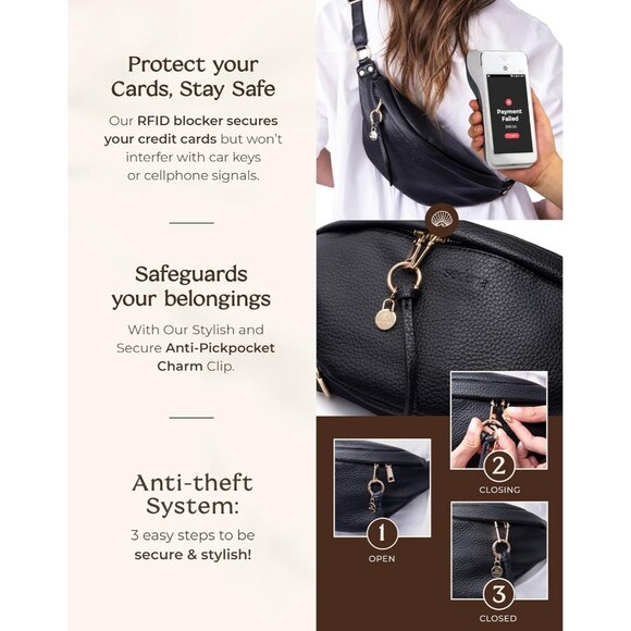 Black Vegan Leather RFID Anti-Theft Crossbody Bag with Adjustable Strap for Wome - Picture 4 of 9